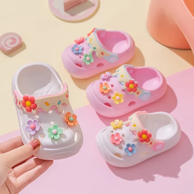 Summer Kids Toddler Indoor Soft Sole Non Slip Closed Toe Clogs Cute Flower Pattern Breathable Lightweight Comfort Home Slippers