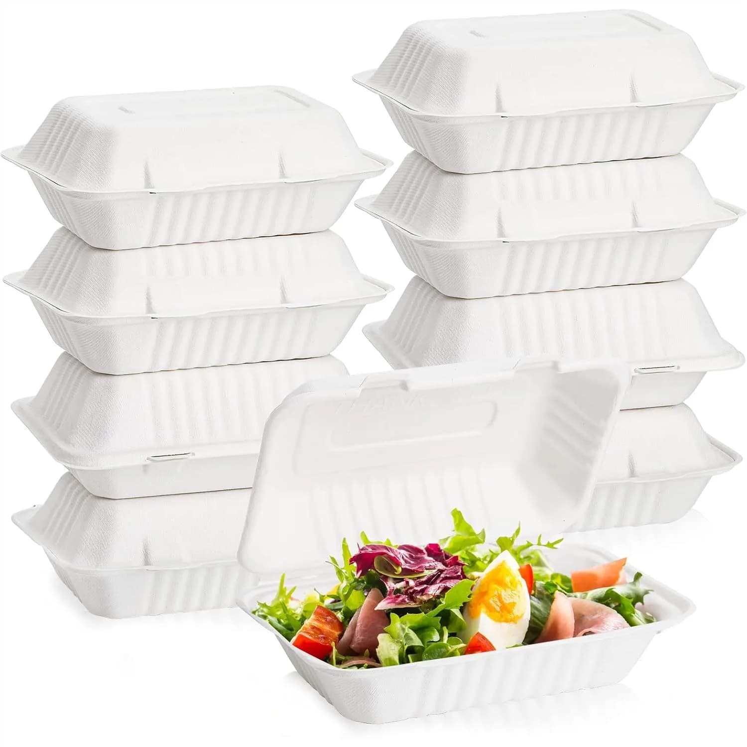 Confezione da 50 contenitori per alimenti da asporto a conchiglia, scatole usa e getta da 9x6 pollici, in fibra di canna da zucchero compostabile, adatte al microonde