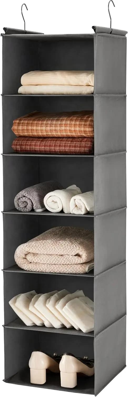 6 Tier Shelf Hanging Closet Organizer, Closet Hanging Shelf with 2 Sturdy Hooks for Storage, Foldable (Grey)