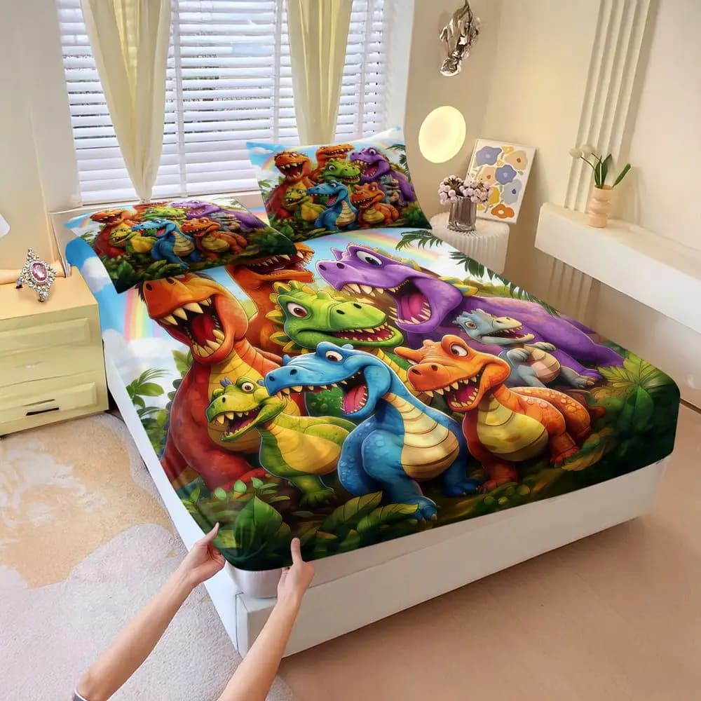 Dinosaur Print Fitted Sheet Set Bed Sheet Set Teen Bedding Set Soft Digital Printed Elastic Fabric for Bedroom Decor