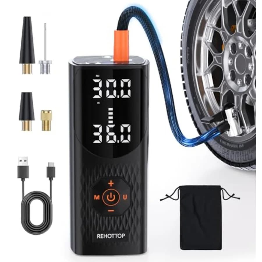 Compressore d'aria portatile per gonfiaggio pneumatici, 160 PSI, senza fili, per pneumatici auto, con manometro digitale, luce LED e spegnimento automatico.
