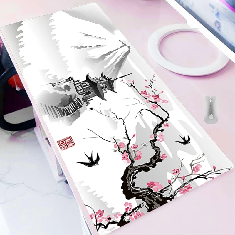 Giapponese Cherry Blossom Sakura Pagoda Mouse Pad Deskmat Playmat Laptop Gaming Keyboard tappetino in gomma tappetino per Mouse da ufficio tappeto per Pc 100x50