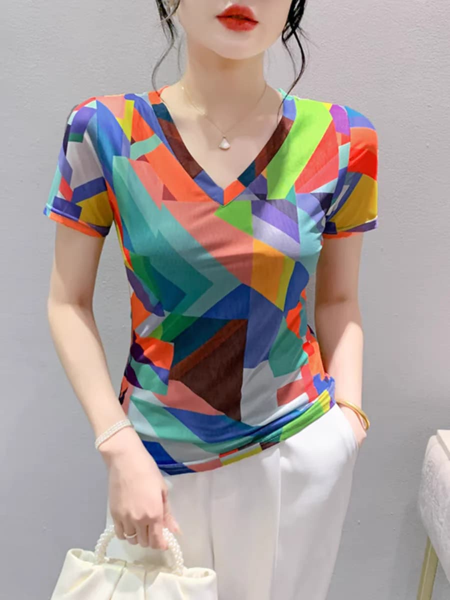 T-shirt manica corta stampa moda estate S-3XL T-shirt donna scollo a v Slim Fit magliette elastiche per donna FF8131