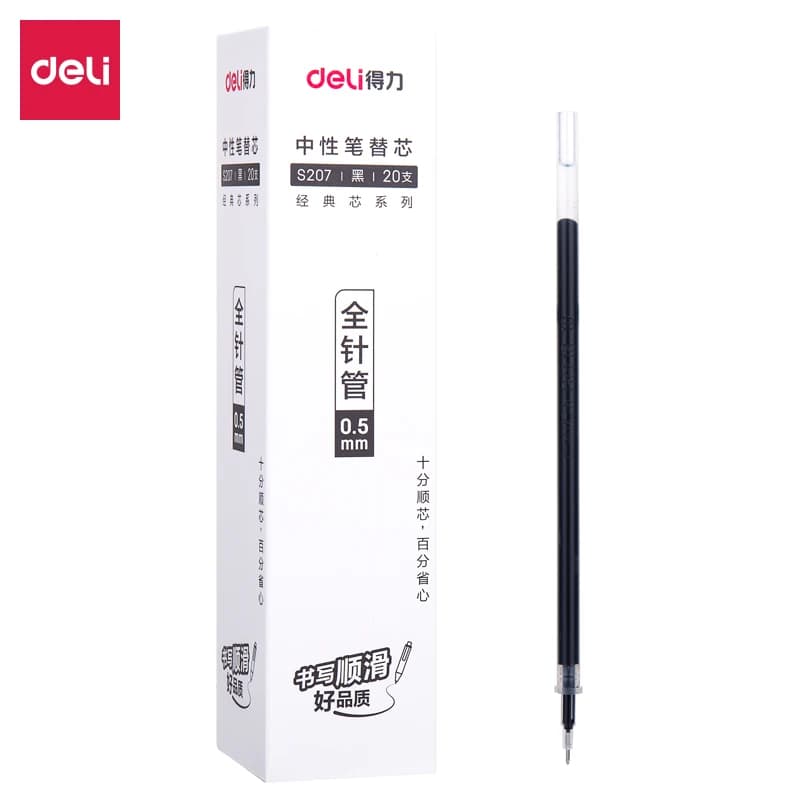 20PCS/BOX Deli S207 Full Needle Head Gel Pen Refills 0.5mm Tip Black Blue Red Colors 132mm Length for Office School Supplies