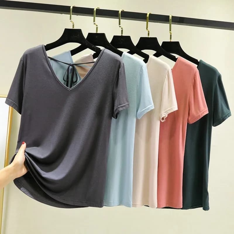 Maglietta modale allentata senza schienale maniche corte t-shirt sottile da donna estiva allacciatura t-shirt con fondo incrociato tinta unita All match