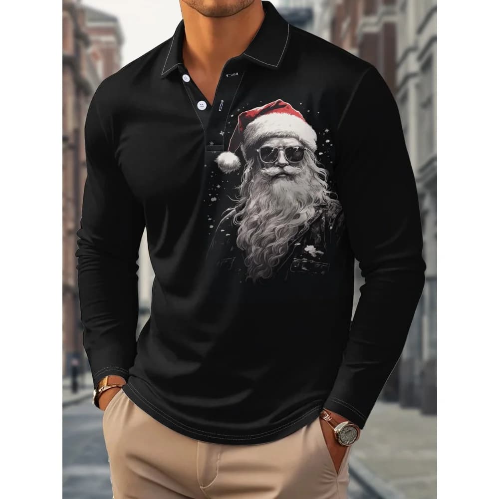 2026 T-shirt da uomo Casual Natale Pupazzo di neve Modello Stampa 3D Golf Button Neck Uomo T-shirt a maniche lunghe Vacanza Polo T-shirt
