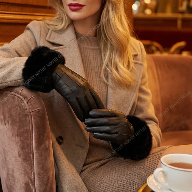 Fashionable Outdoor Fashionable PU Luxury Women's PU Leather Gloves, Cuff With Soft Fur Finishes Synthetic, Hot Touch Screen
