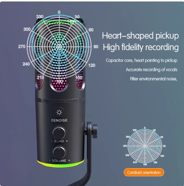 Microfono da gioco RGB Microfono da tavolo per computer USB Microfono a condensatore con registrazione silenziosa con un clic