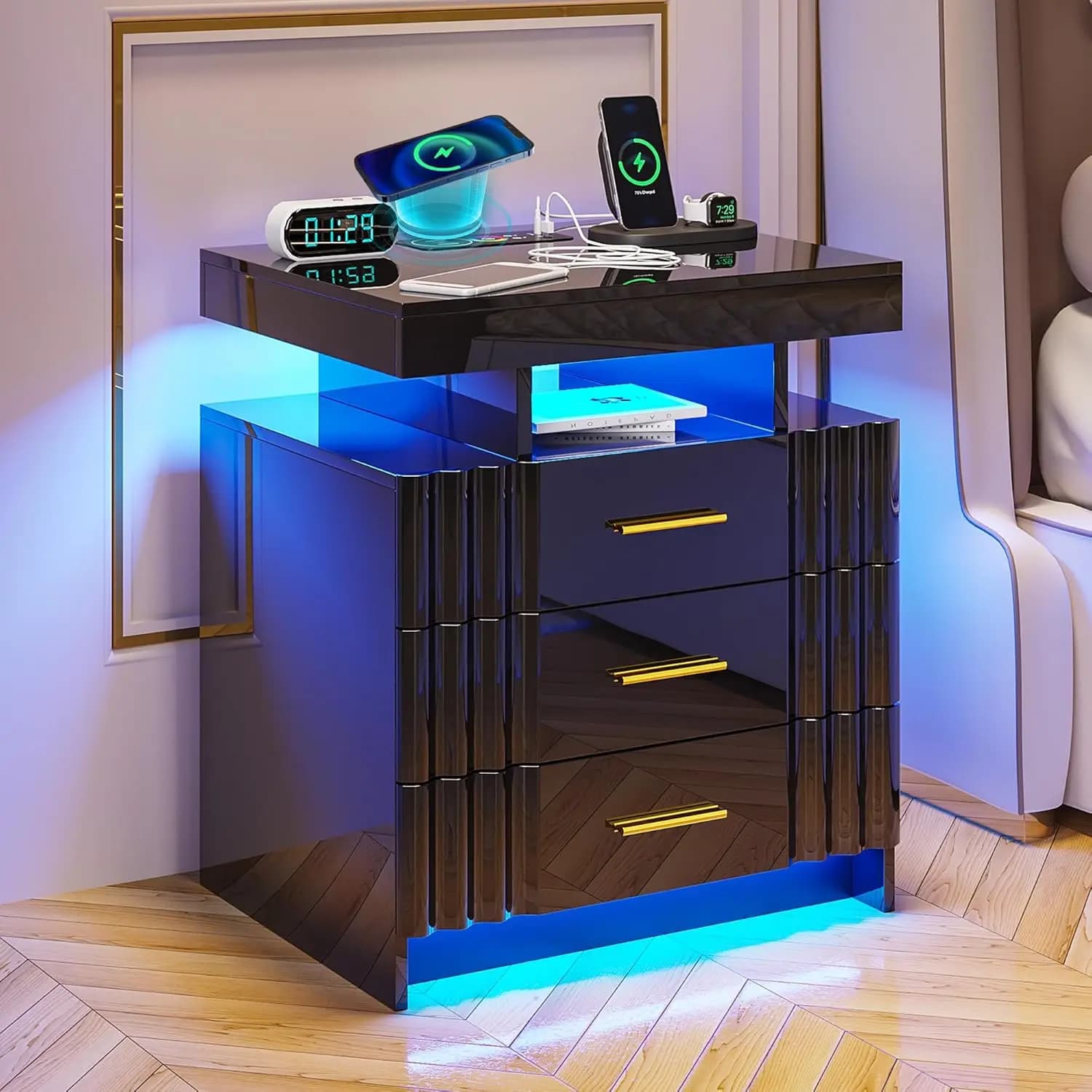 Comodino LED, Comodino Nero con Stazione di Ricarica - USB+Type-C+Ricarica Wireless, Comodino Intelligente con Funzione Automatica e Personalizzabile