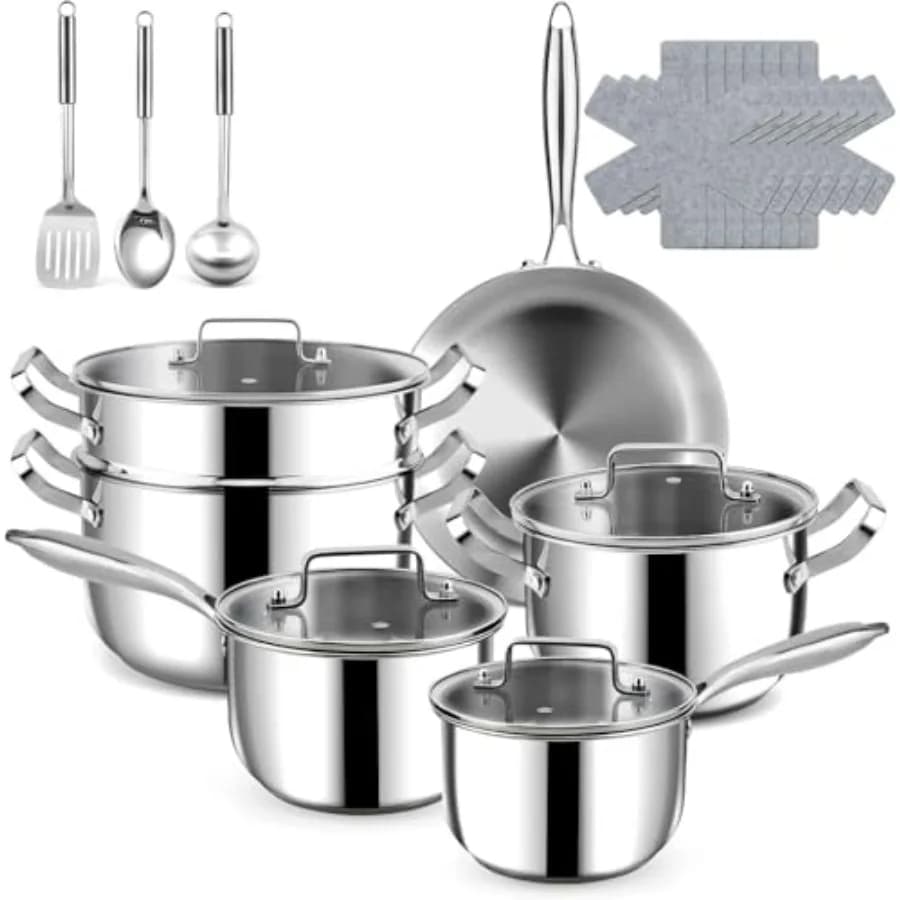 Set di Pentole in Acciaio Inox da 20 Pezzi, Compatibile con Induzione, Padella a 3 Strati, Adatto per Forno e Lavastoviglie, Cucina Professionale