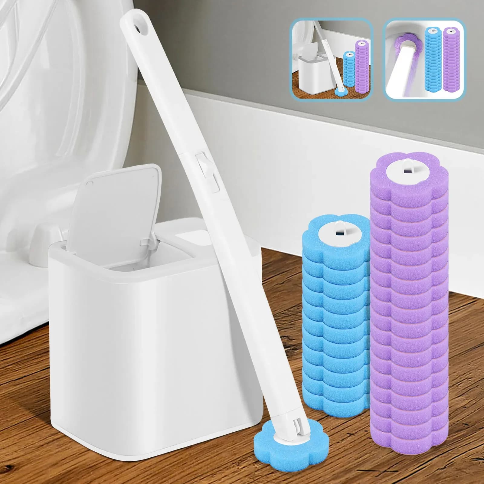 Set di 30 Spazzole per WC con Testine di Ricambio Usa e Getta, Manico Lungo, Montaggio a Parete, Kit di Pulizia per Bagno