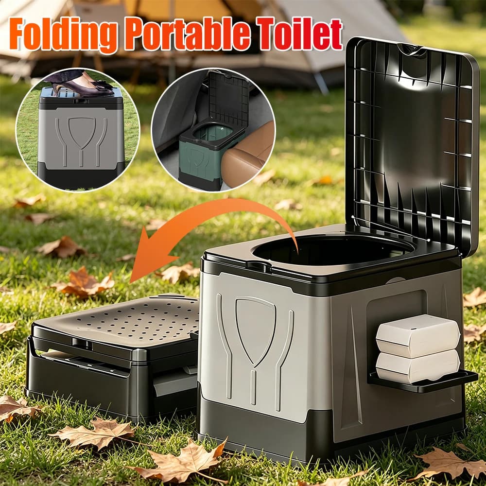 Folding Travel Toilet with Paper Holder & Lid Emergency Toilet Reusable Toilet for Camping Travel Outdoor Car RV & Emergency Use