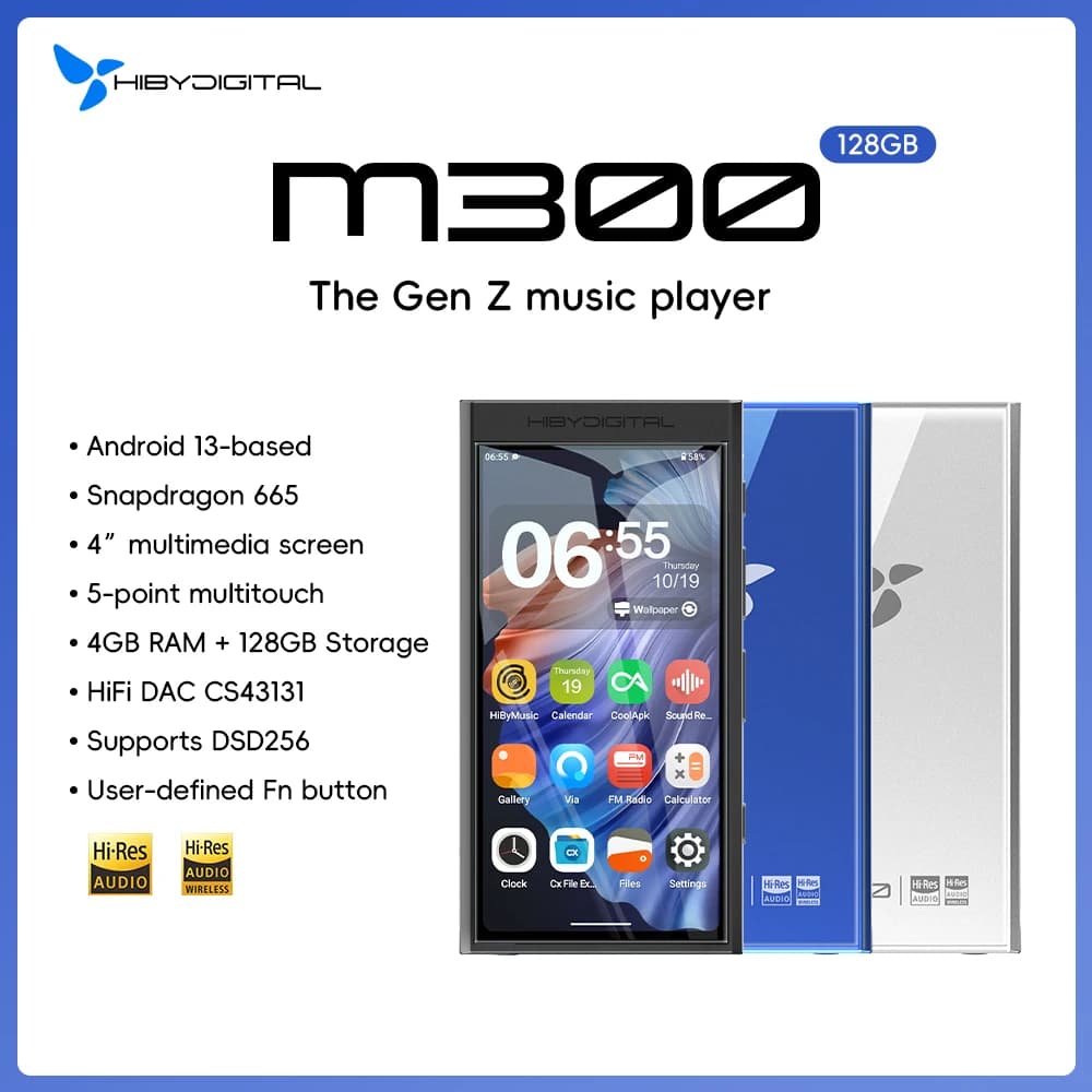 HiBy Digital M300 Android 13 Lettore musicale MP3 Audio HiFi Bluetooth WiFi DSD256 Radio FM Doppio microfono Altoparlante incorporato IPS 29 ore 128 GB