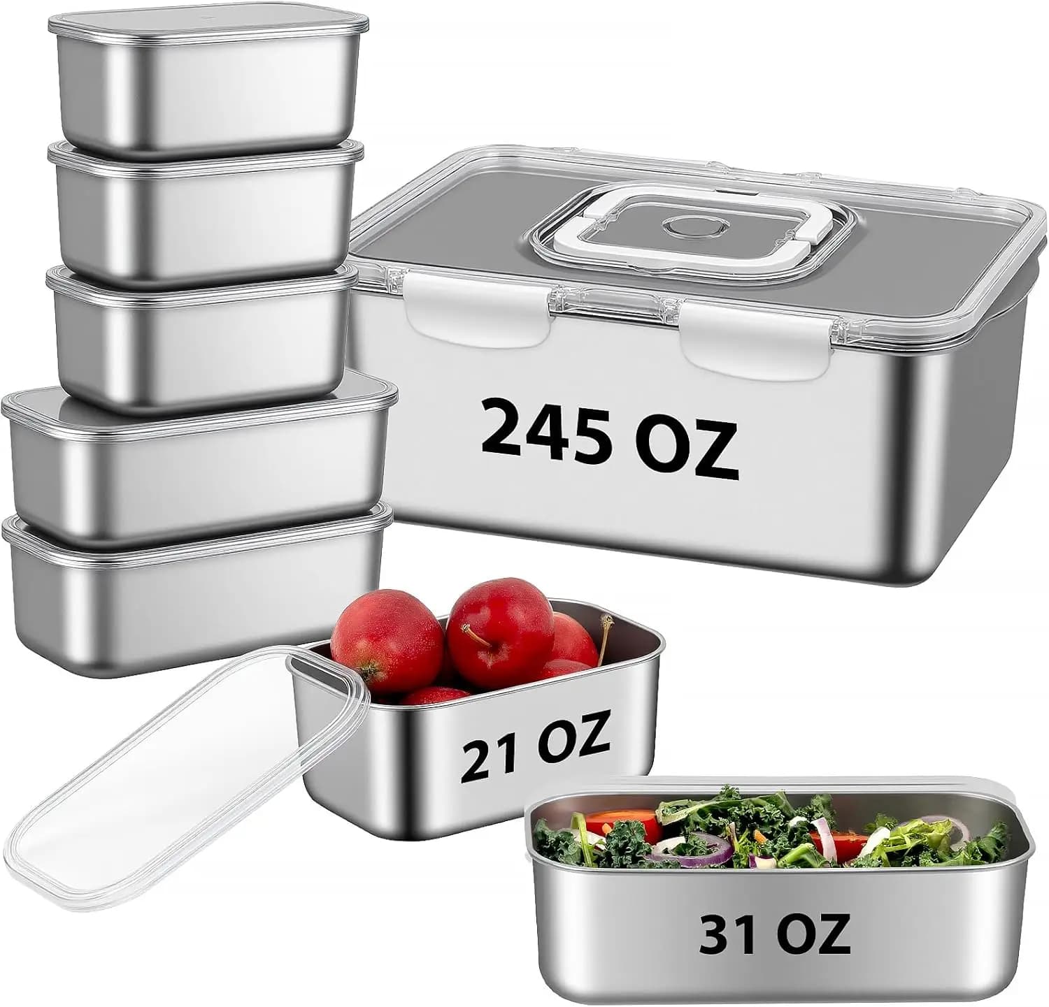 Set di 8 Contenitori per Alimenti in Acciaio Inox con Coperchi, 3 Misure, per Verdure e Frutta