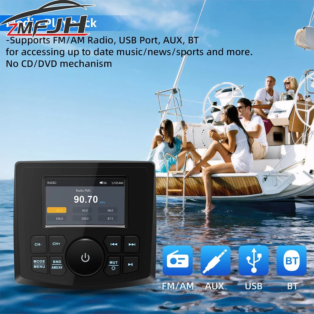 Radio stereo marina Lettore di visualizzazione video multimediale MP5 Altoparlante compatibile Bluetooth per barca Yacht ATV UTV SUV Lettore impermeabile