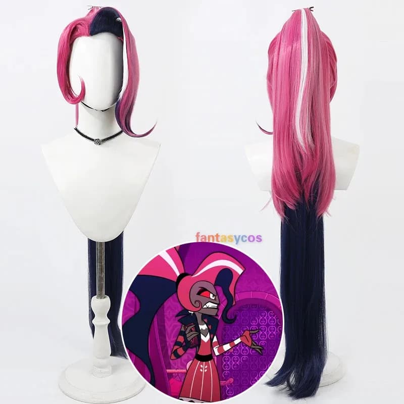 Parrucca cosplay in velluto Parrucche lunghe dritte rosa nere con coda di cavallo Festa in costume di Halloween Capelli sintetici resistenti al calore;3.k'6;d.