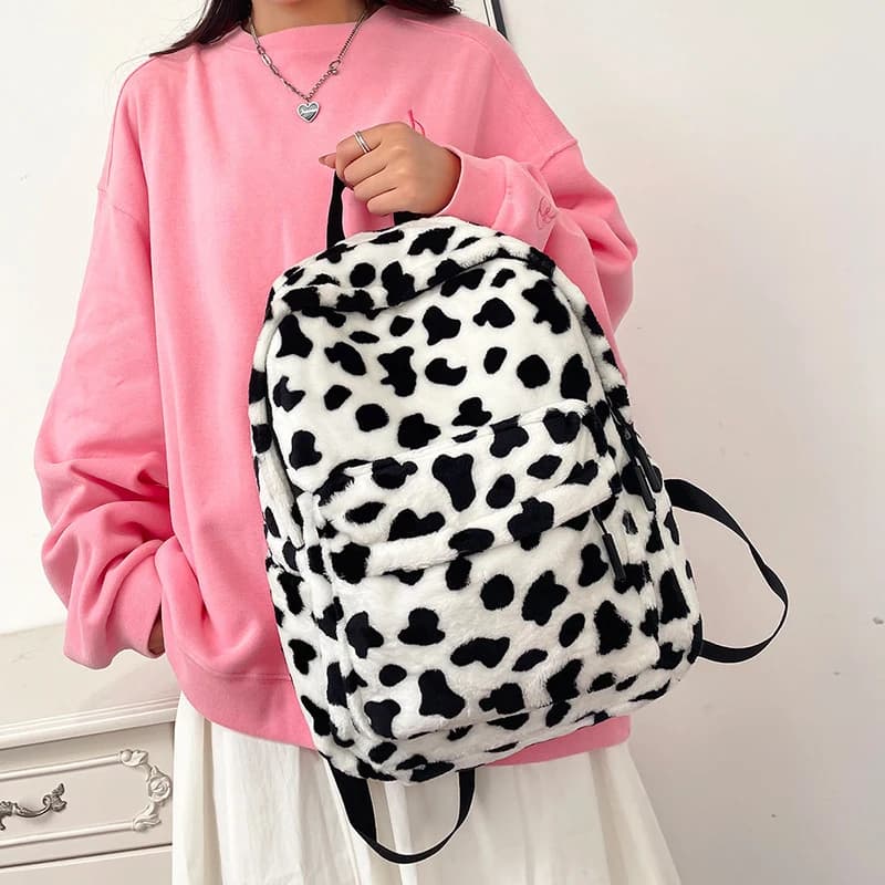 Large Capacity Leopard Print Plush Backpack Cute Cow Pattern Travel School Bag Fashion Kawaii Laptop Bookbag Student Casual Bag