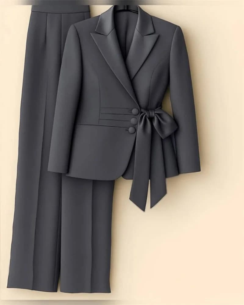 Pantaloni da donna grigi Set 2 pezzi Blazer + pantaloni Giacca da donna formale da ufficio con cintura Cappotto da ballo in cotone smoking da sposa personalizzato
