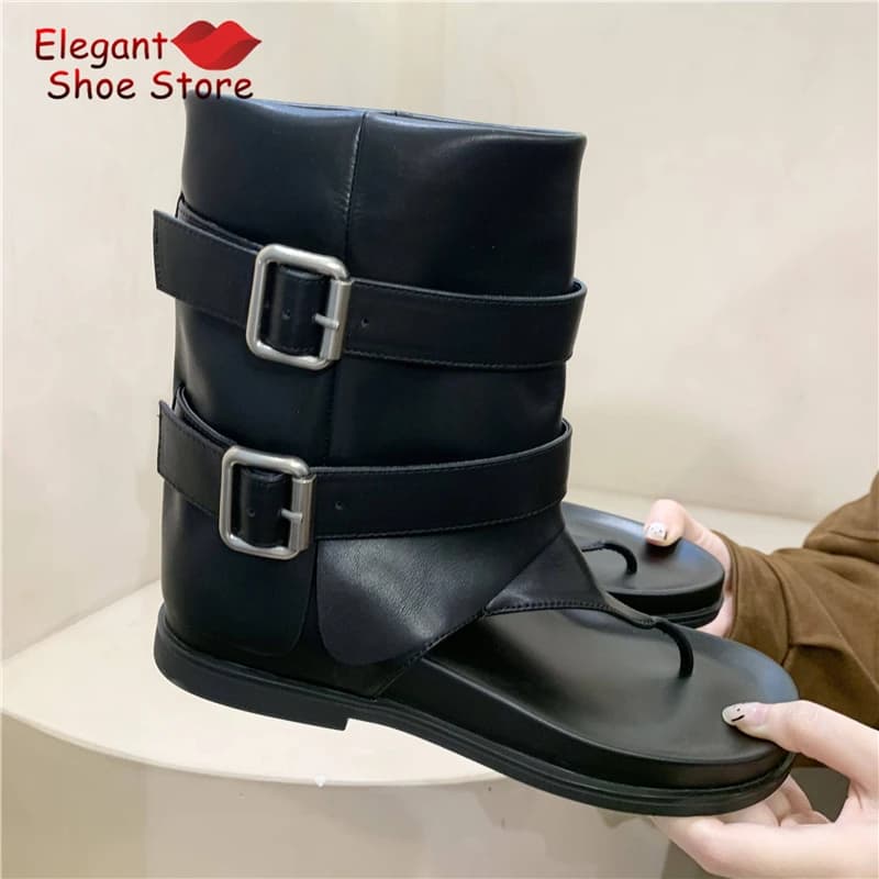 Summer Fashion Clip Toe Wedge Sandals Women's Short Boots Roman Style Metal Buckle Round Toe Inner Height Increase Ankle Boots