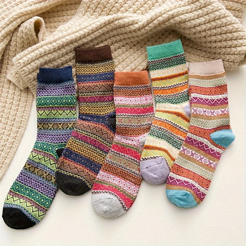 5 paia di calzini da donna in stile nordico, lana a maglia spessa per l'autunno e l'inverno | Nuovi calzini da donna / Caldi calzini lunghi