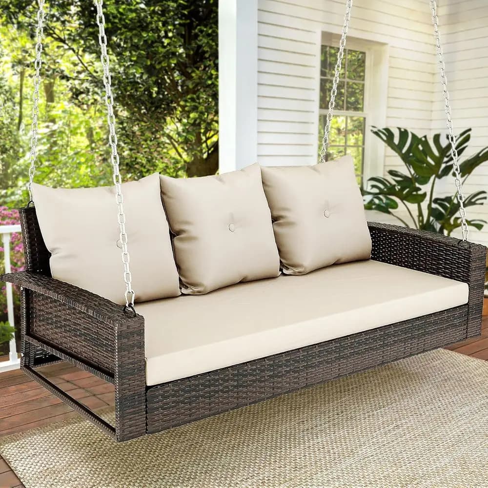 3-seater outdoor rocking chair with grey rattan and 3 patio cushions, garden, balcony, terrace