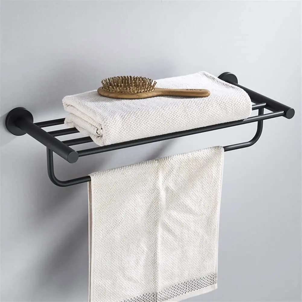 Set di Accessori Bagno Nero 5 Pezzi: Portasciugamani 60cm, Porta Scopino, Portarotolo, Gancio Appendiabiti, Personalizzabile