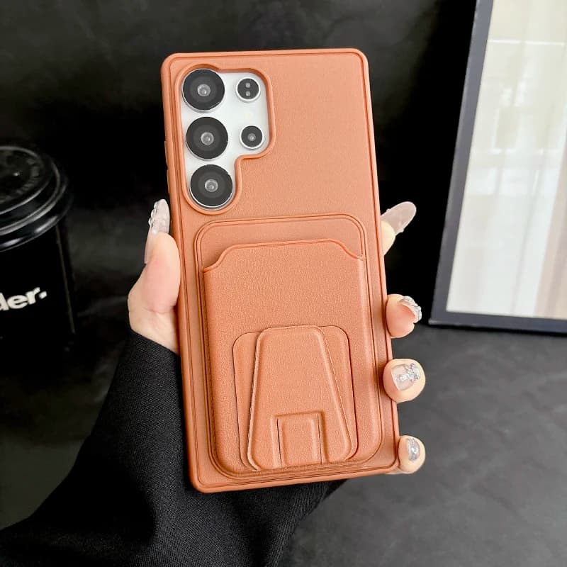 TPU Solid Color Wallet Card Slot Brace + Hard Phone Case for Samsung S25 S24 S23 S26 Ultra Plus FE A56 A55 A54 A36