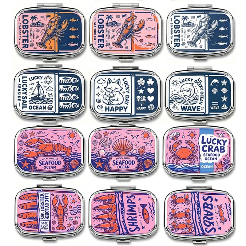 1Pcs Retro Sardine Print Metal Jewelry Pill Box 2-Compartment Organizer For Adult Travel Mini Medicine Candy First Aid Kit