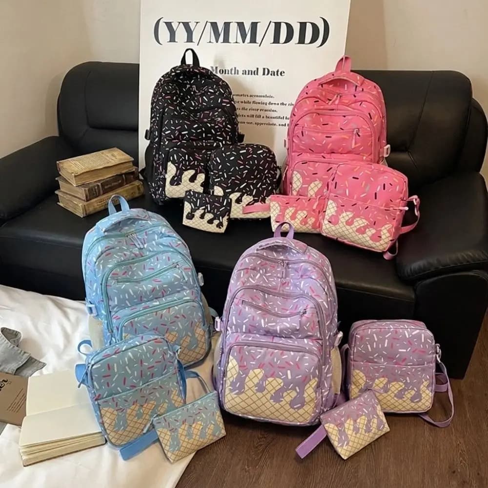 Oxford Fabric Ice Cream Printed Backpack Set with Crossbody Bag with Pencil Case Bookbag Lightweight Large Capacity School Bag
