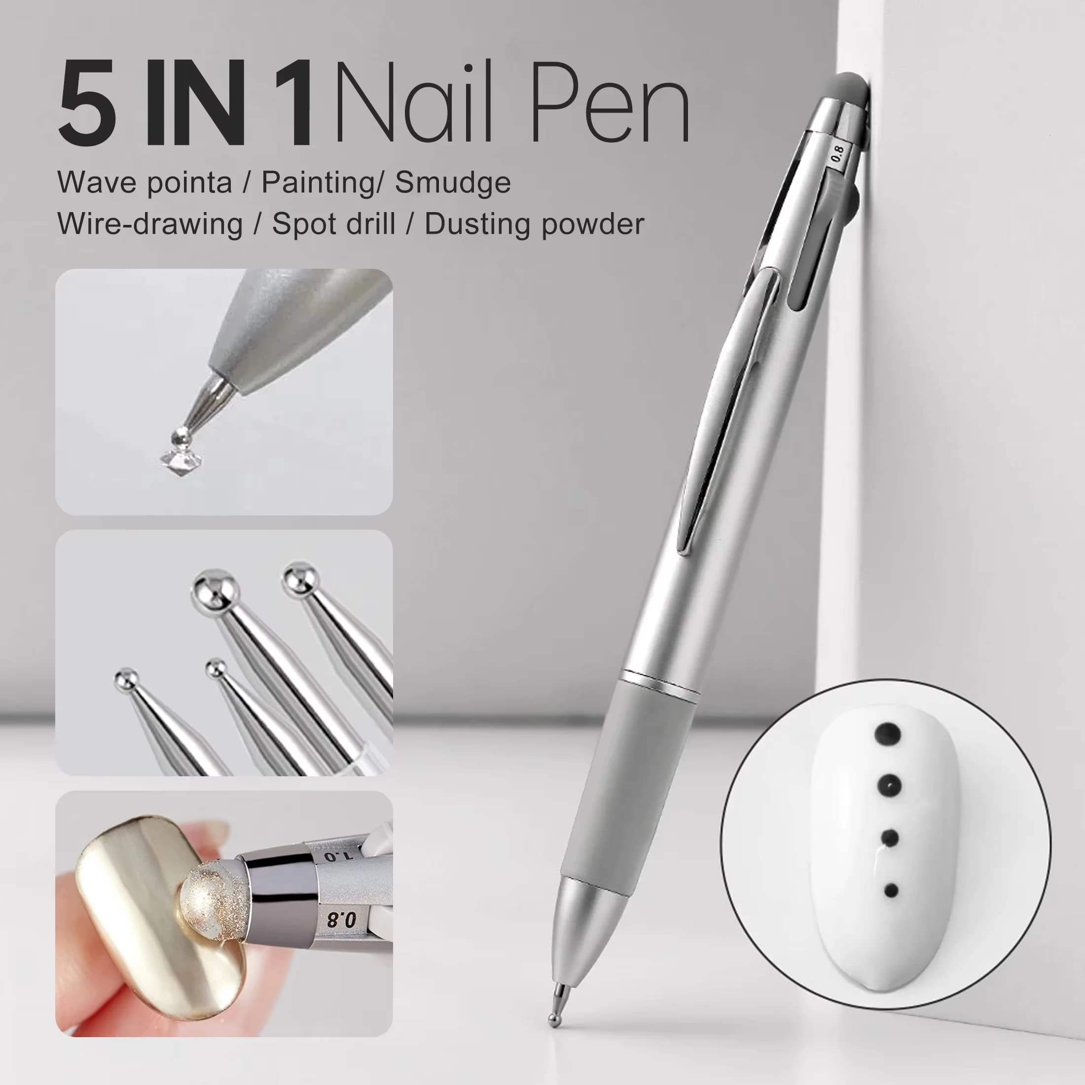 LINMANDA Pen for nail art 5 in 1, with double tip, for nail decorations, suitable for domestic use and for beauty salons.