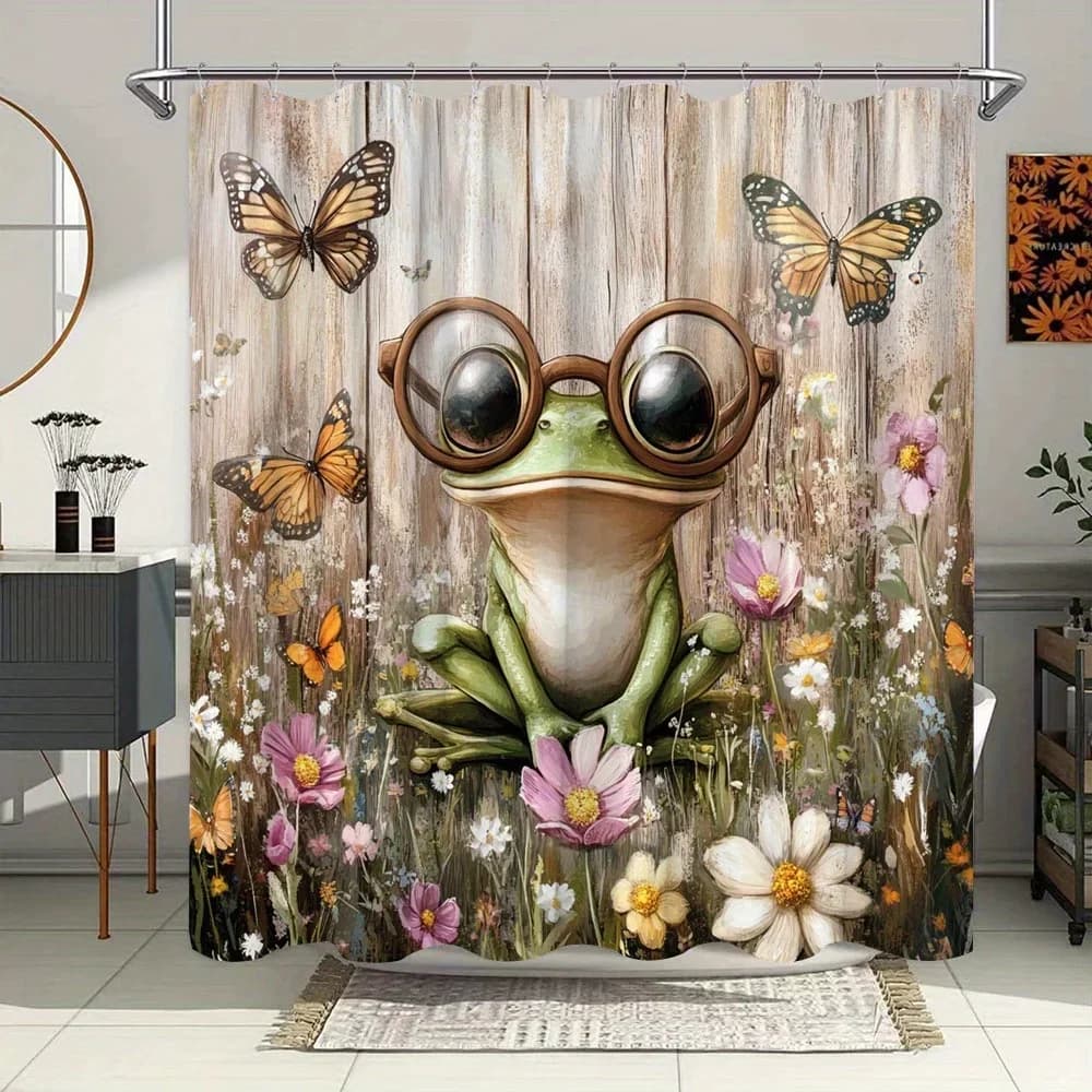Fairy Tale Frog Shower Curtain - Vibrant Flowers, Butterflies, Rustic Backdrop, Soft Painterly Style, Water-Resistant Polyester