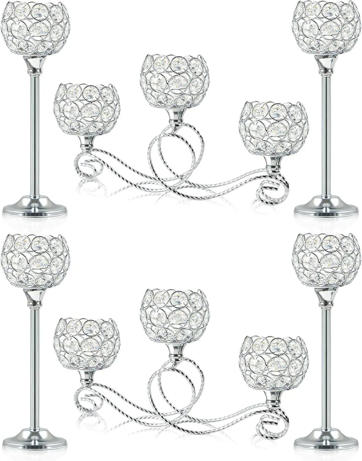 Elegante Set di 6 Portacandele in Cristallo Argentato, Perfetto per Centrotavola Matrimoniali e Decorazioni Festive