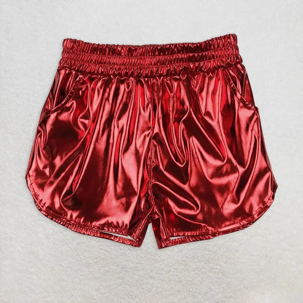 Pantaloncini in pelle metallizzata rossa per bambina con fondo elastico e tasche