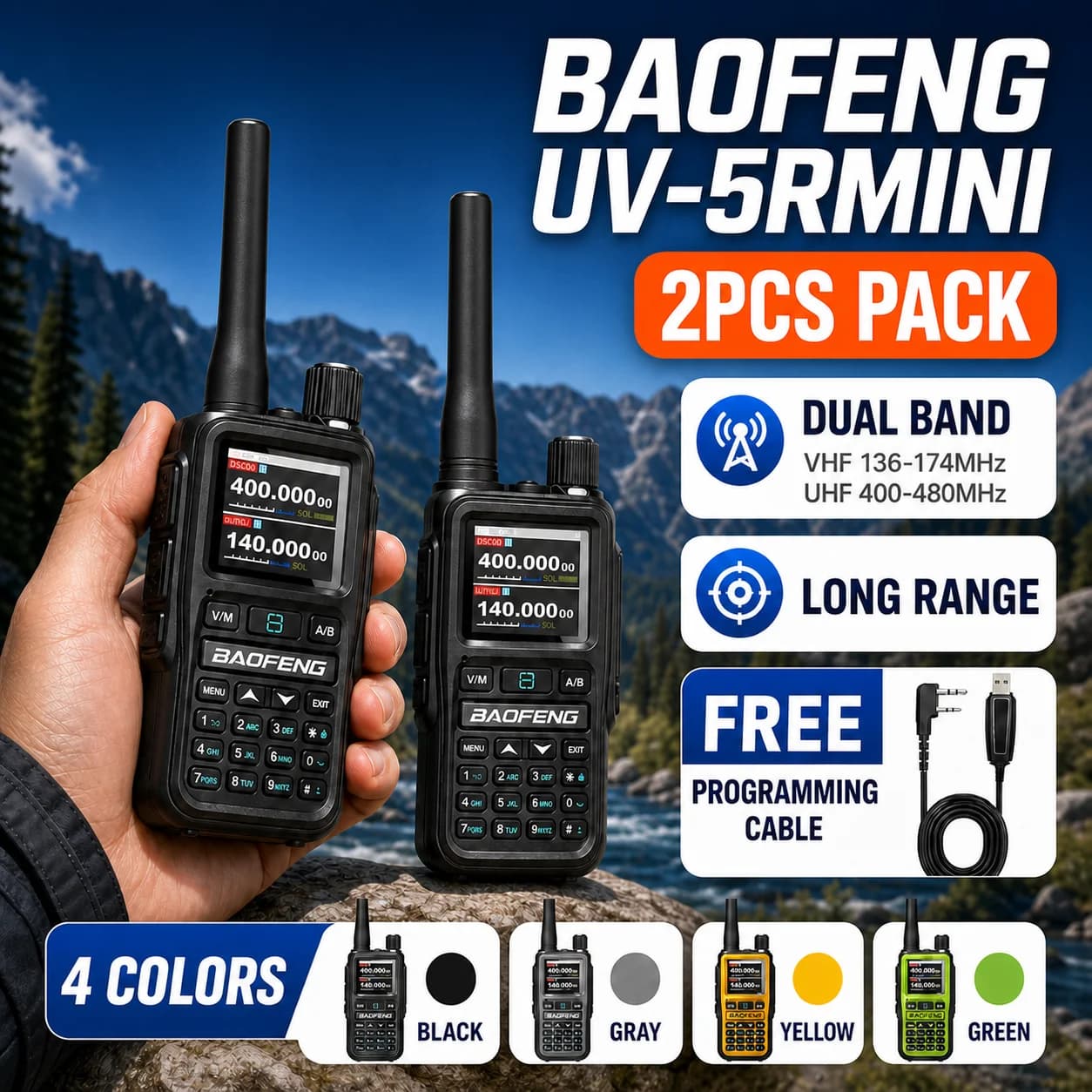 Baofeng UV-5R Mini 2 Pack 5W VHF UHF Dual Band Ham Radio Walkie Talkie, Bluetooth App, 999CH, USB-C, Program Cable, Dual PTT