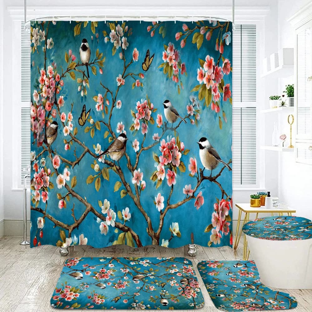 Tenda da doccia impermeabile per bagno Fiori e uccelli Set di tende da bagno Copriwater Tappetino antiscivolo Set di tappeti Decorazioni per la casa