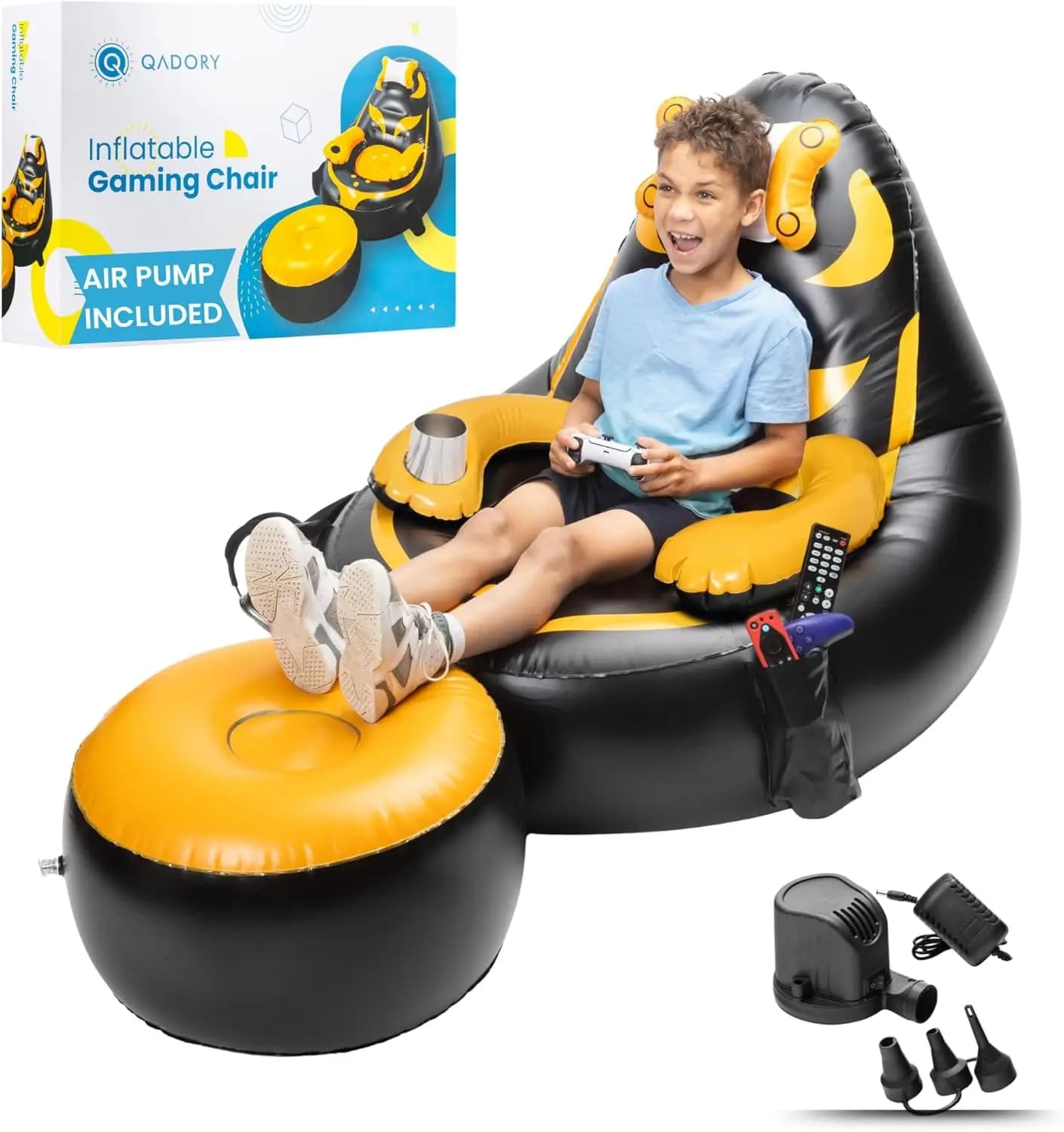 Sedia gonfiabile da gioco per bambini con pompa ad aria, portabicchieri e tasche - Supporta fino a 136 kg, seduta a sacco resistente per un gioco confortevole