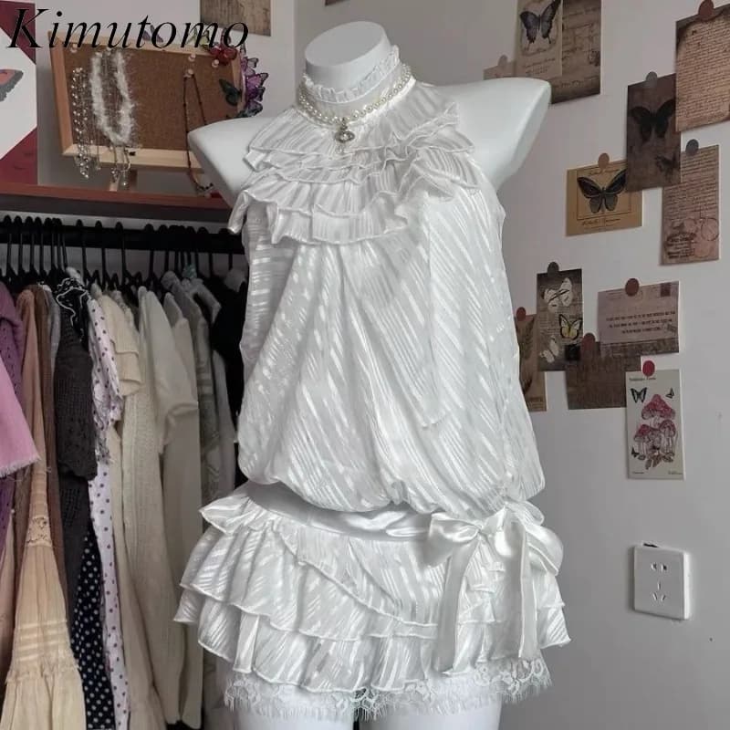 Kimutomo Set Due Pezzi Donna Vintage con Fiocco Halter in Pizzo Patchwork Top Senza Maniche Blusa Minigonna Completo Donna Y2k Lolita