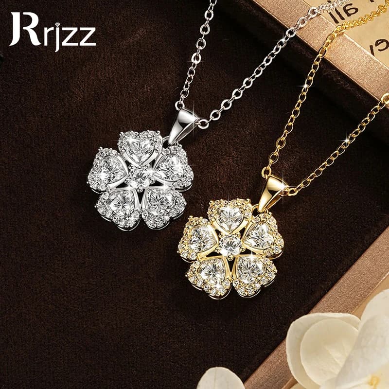 Rrjzz Heart Cut Five-leaf Clover Moissanite Pendant Necklace D-Color Lab Diamond Romantic Charm Necklace for Women Jewelry Gifts