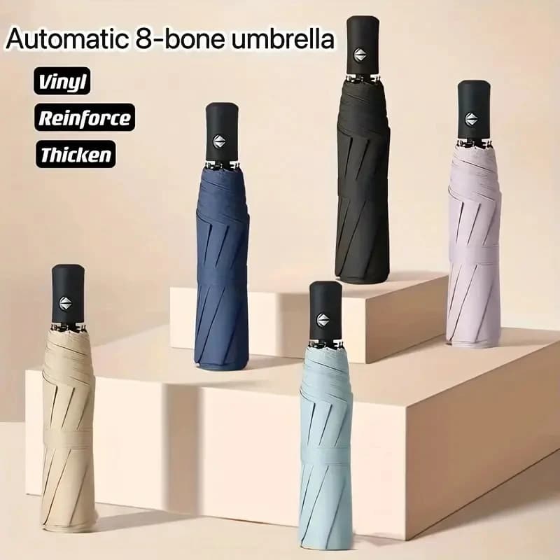 8-Rib Automatic High Quality Umbrella - One-Touch Open/Close, Compact Foldable Design for Men & Women, Navy & Black, Business &