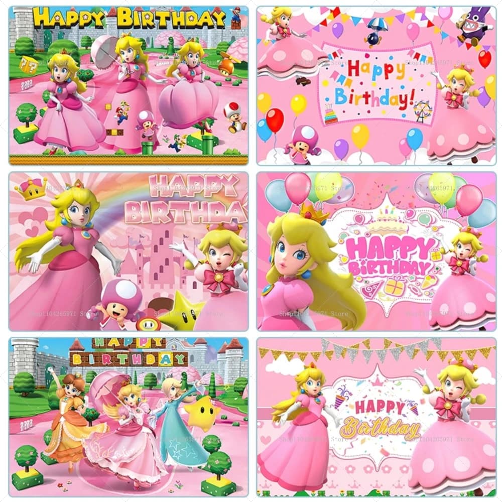 Princess Peach Daisy Birthday Backdrop Banner Cute Cartoon Princess Theme Girls Birthday Party Decor Photo Background Supplies