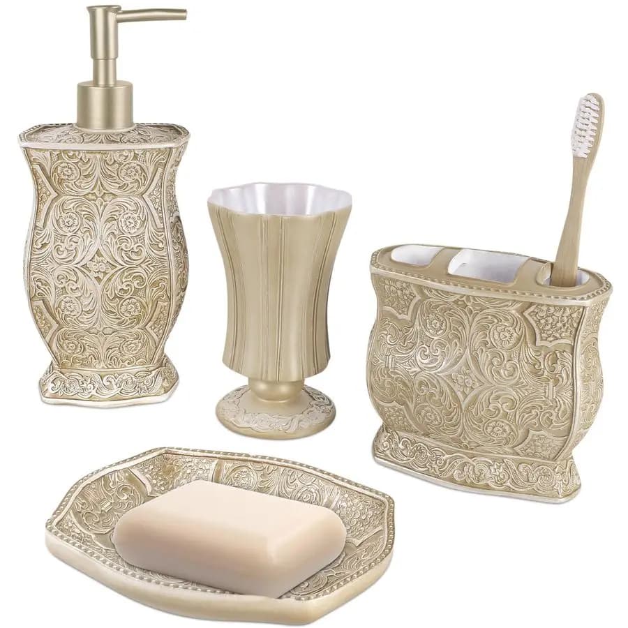 Set di Accessori per Bagno Victoria Beige, Set Decorativo da 4 Pezzi con Dispenser Sapone e Portaspazzolino