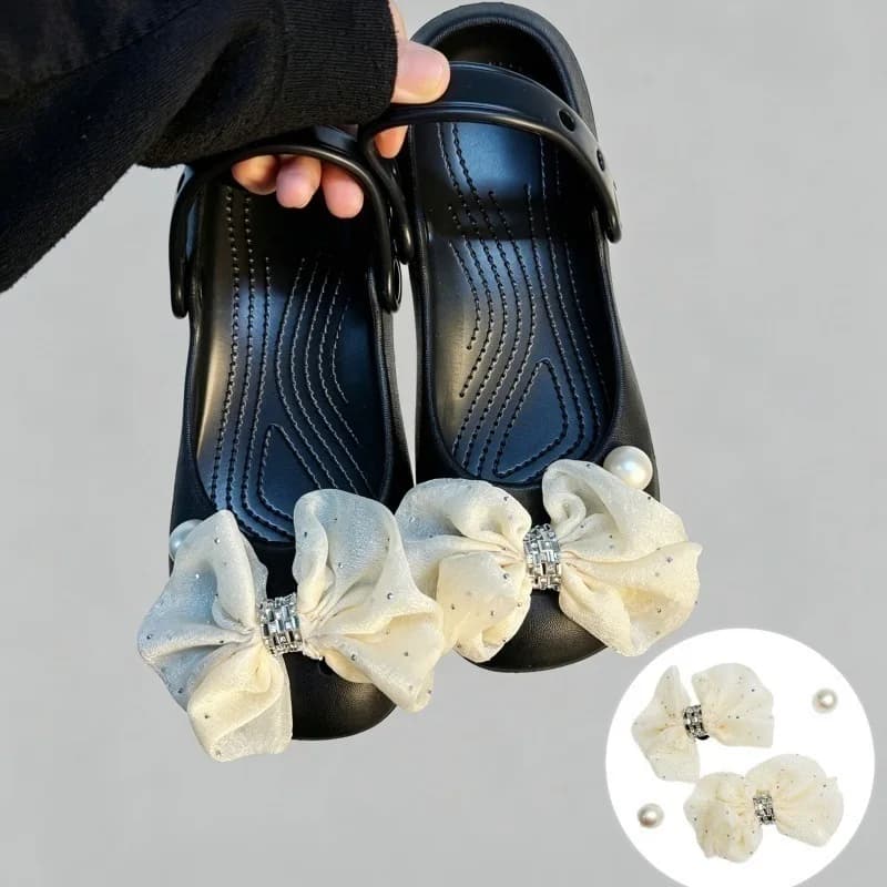 Sparkly Bowkont and Rhinestone Flower DIY Shoe Accessories Women Summer Pearl Buckle Shoes Accessories Clogs Sandals Charms Set
