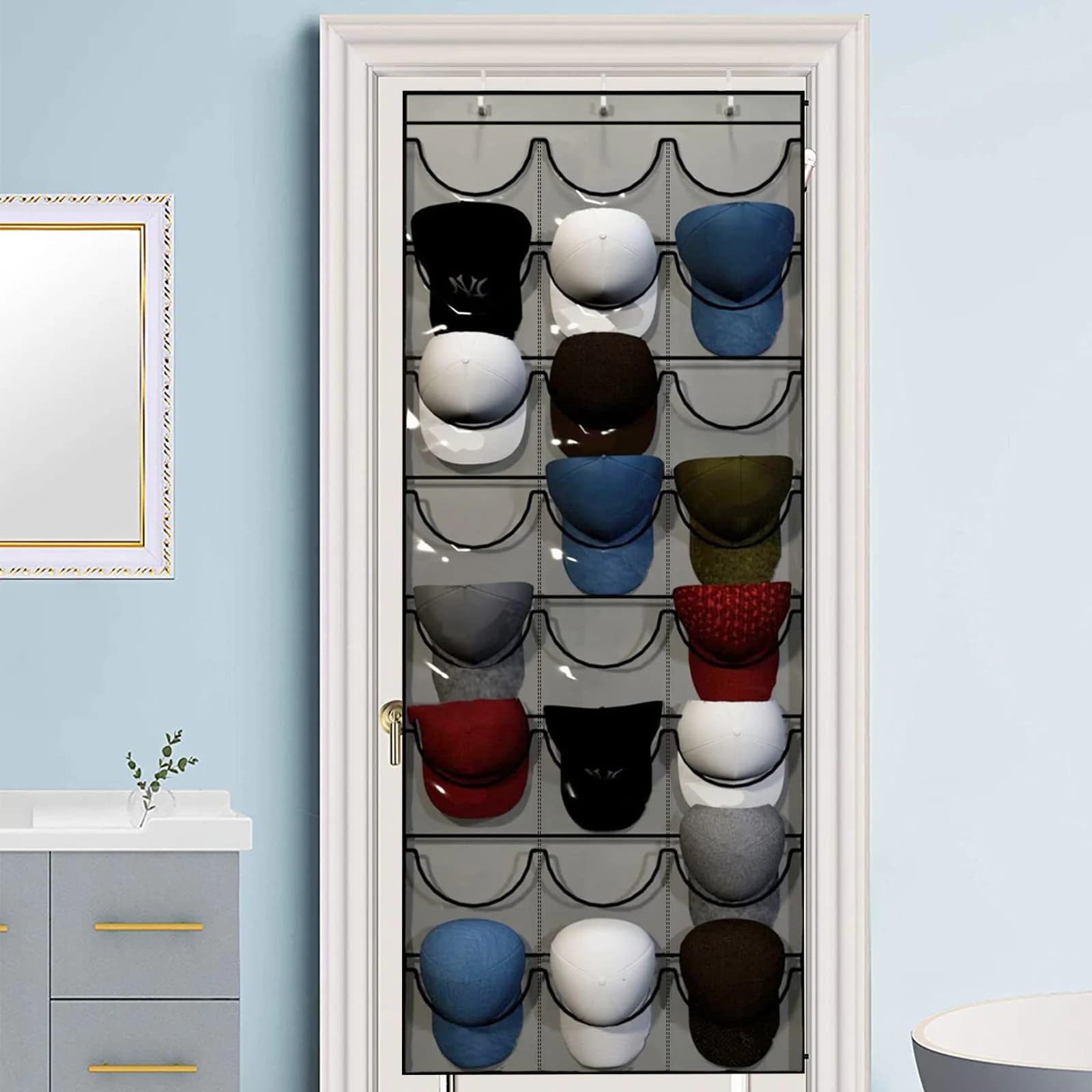 Organizzatore per Cappelli da Baseball, Porta Cappelli Visibile con 24 Tasche Profonde, Appendiabiti da Porta o Parete