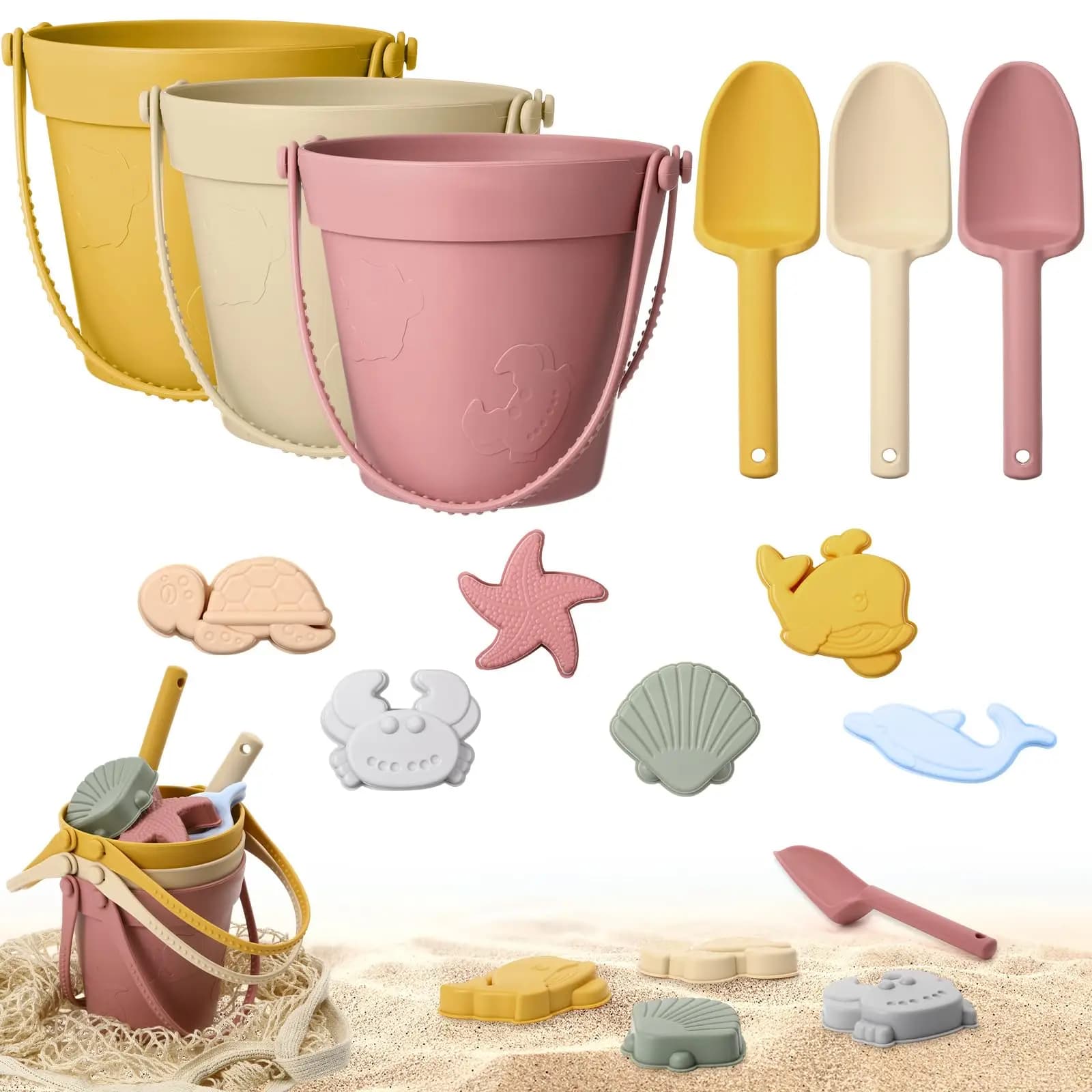 Giocattoli di sabbia in silicone per set da spiaggia per bambini con stampi portatili da spiaggia Set di secchielli per pala Giocattolo di sabbia Set da gioco estivo all'aperto per bambini