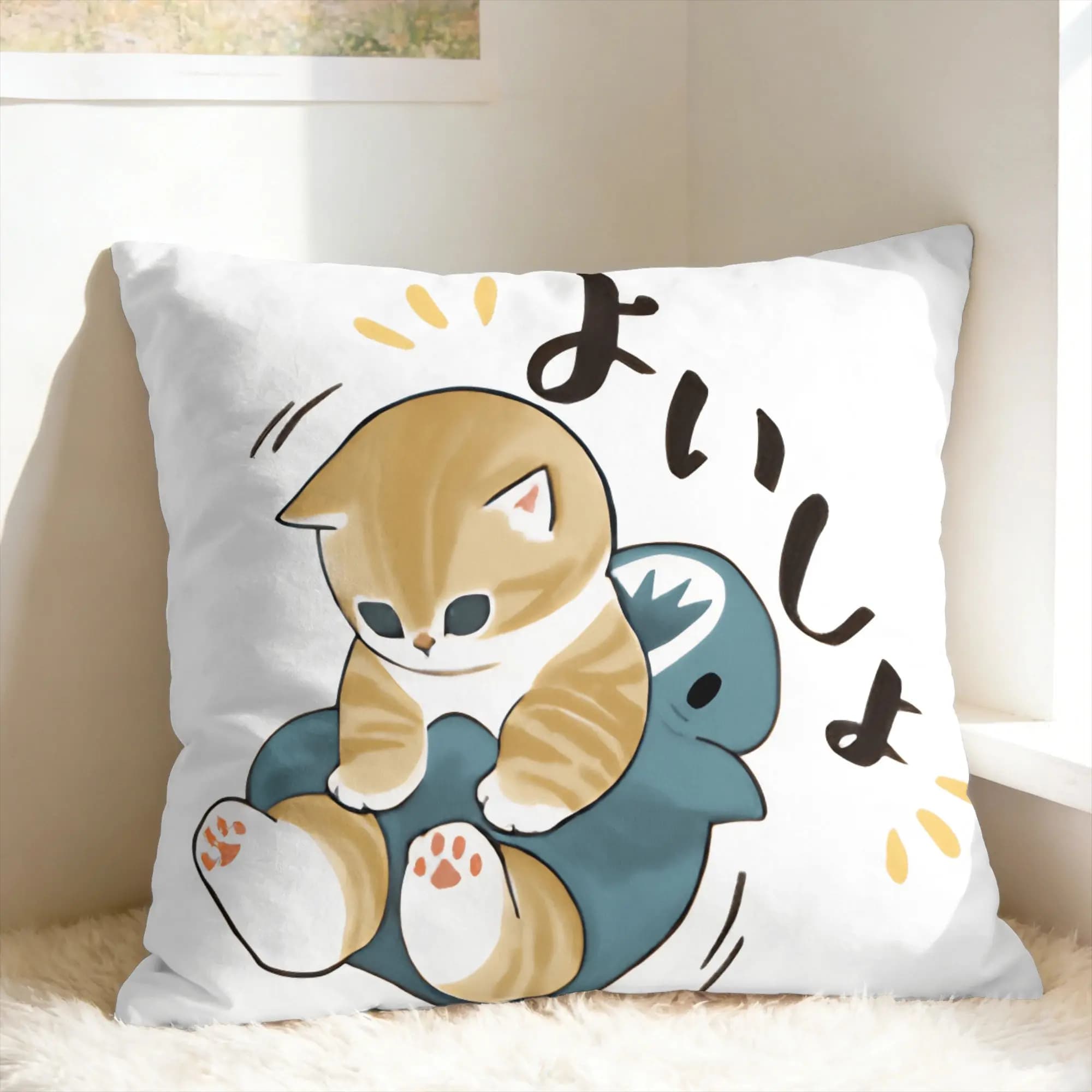 Federa per cuscino con motivi di squali e gattini, federa originale, comoda, per divano, letto, soggiorno