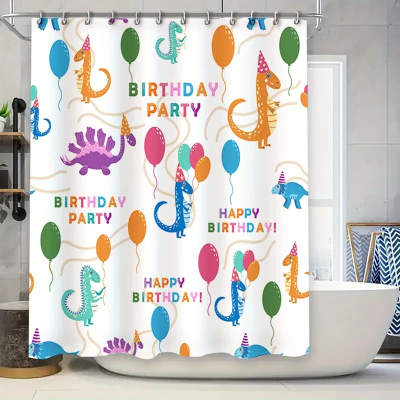 Tenda da doccia per festa di compleanno con palloncino colorato di dinosauro per decorazioni per il bagno dei bambini Tessuto lavabile impermeabile stampato in 3D 180x