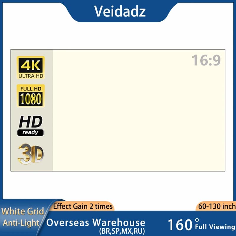 VEIDADZ Schermo per proiettore Griglia bianca Anti-luce 16:9 Schermo per proiezione 60 72 84 100 120 130 in tessuto riflettente per Home Theater