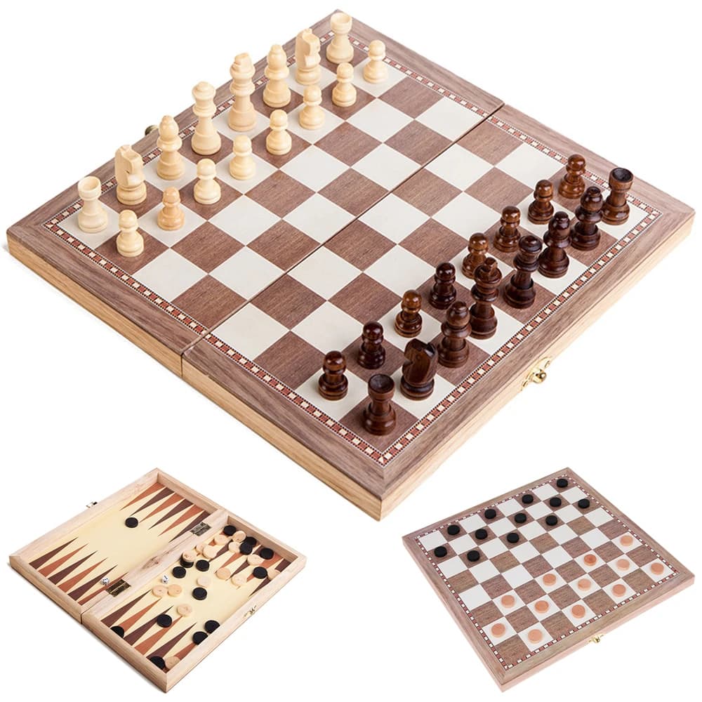Set di scacchi in legno multifunzionale 3 in 1 Gioco di scacchiera pieghevole Giochi di viaggio Scacchi Dama Scacchi e backgammon Set di giocattoli