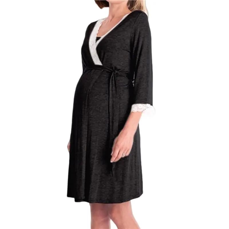 ABTJ-Women's Maternity Robe Pregnancy Breastfeeding Bathrobes Labor Delivery Nightgowns Black S