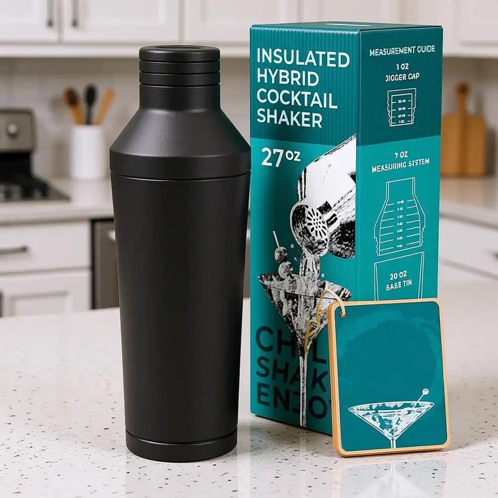 Set Shaker per Cocktail Isolato | Acciaio Inossidabile a Doppia Parete | Sistema di misurazione integrato e colino, borsa da viaggio, ricette